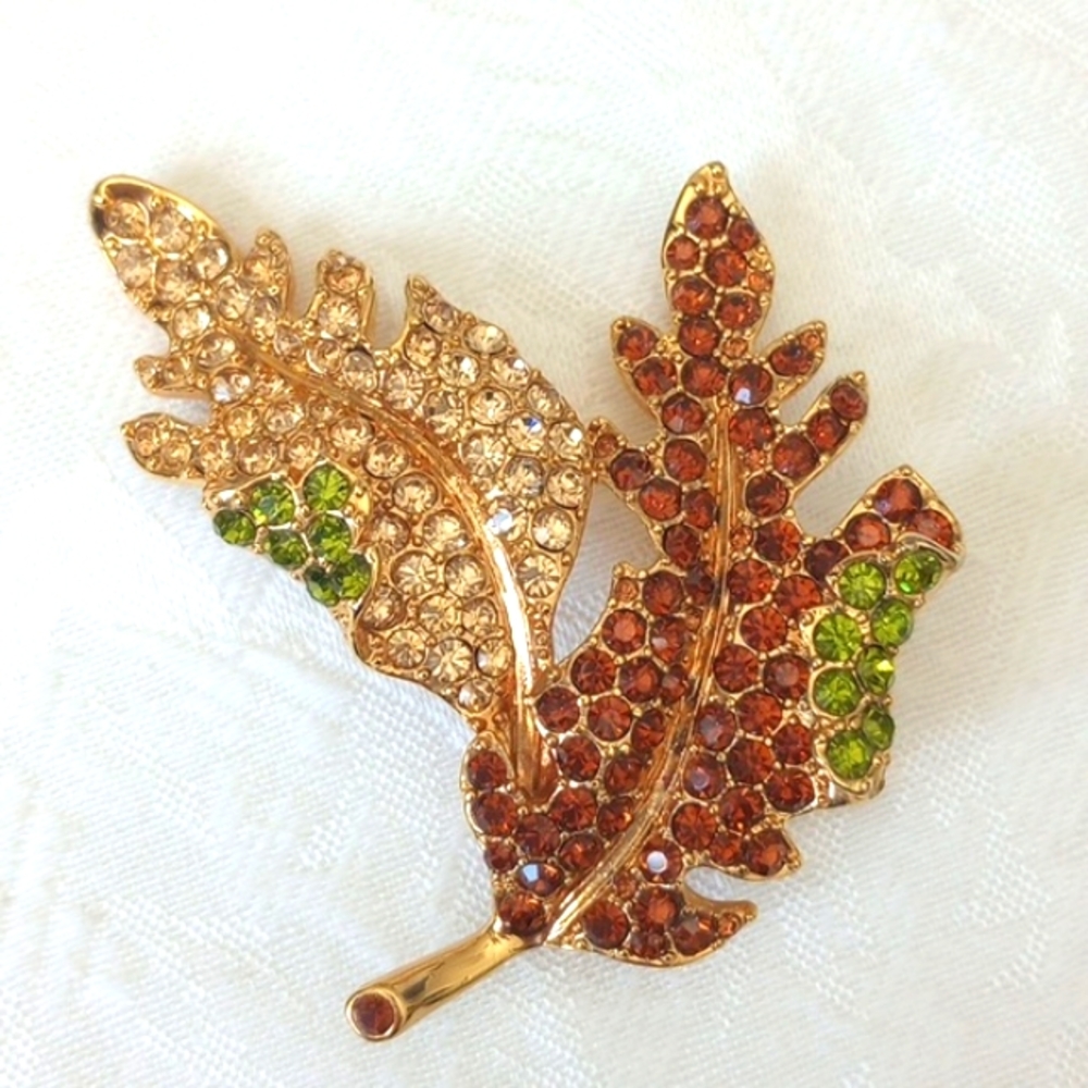 KJL Champagne Topaz Autumn Fall Rhinestone 3in LEAF BROOCH
